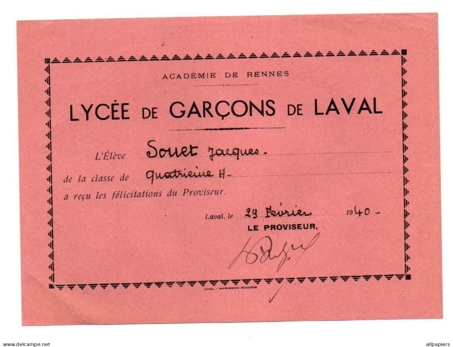 Félicitations Du Proviseur Du Lycée De Garçons De Laval Le 29 Février 1940 - Format : 17.5x12.5 Cm - Diplômes & Bulletins Scolaires