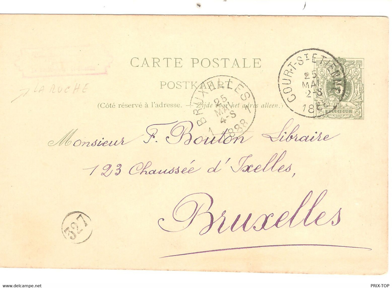 SP885/ Entier CP 5C Lion écrit De La Roche-Court St.Etienne Th.Lockert Obl. Court St.Etienne 1888 > BXL C. D'arrivée - Correo Rural