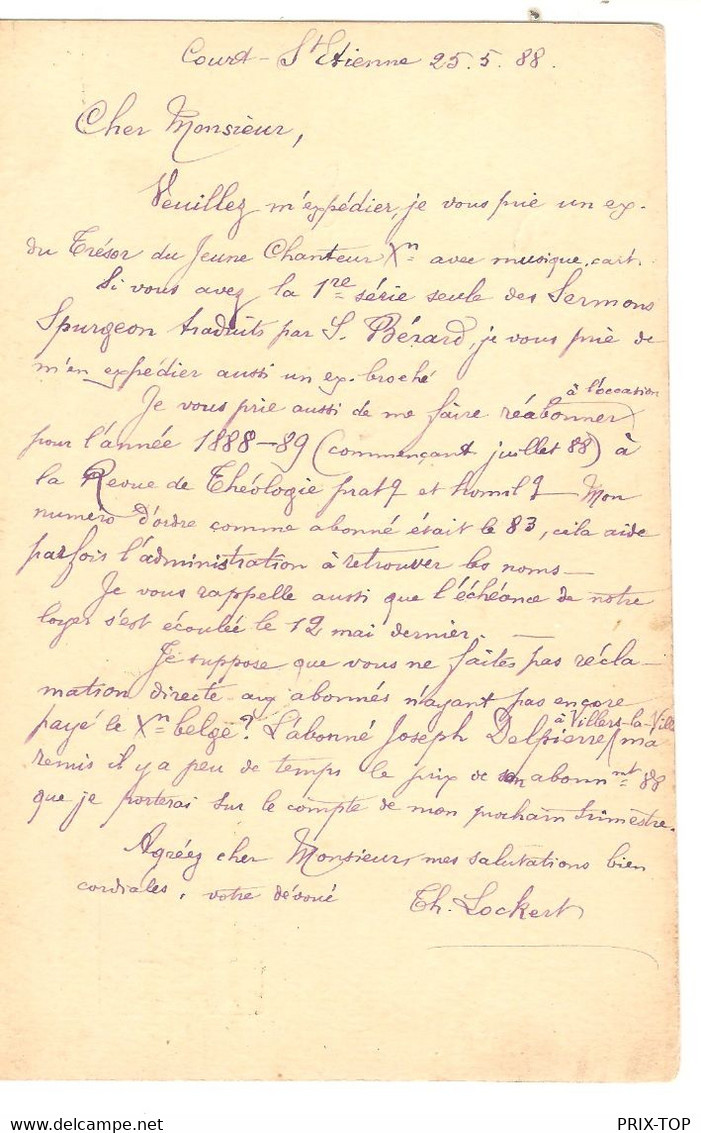 SP885/ Entier CP 5C Lion écrit De La Roche-Court St.Etienne Th.Lockert Obl. Court St.Etienne 1888 > BXL C. D'arrivée - Landelijks Post
