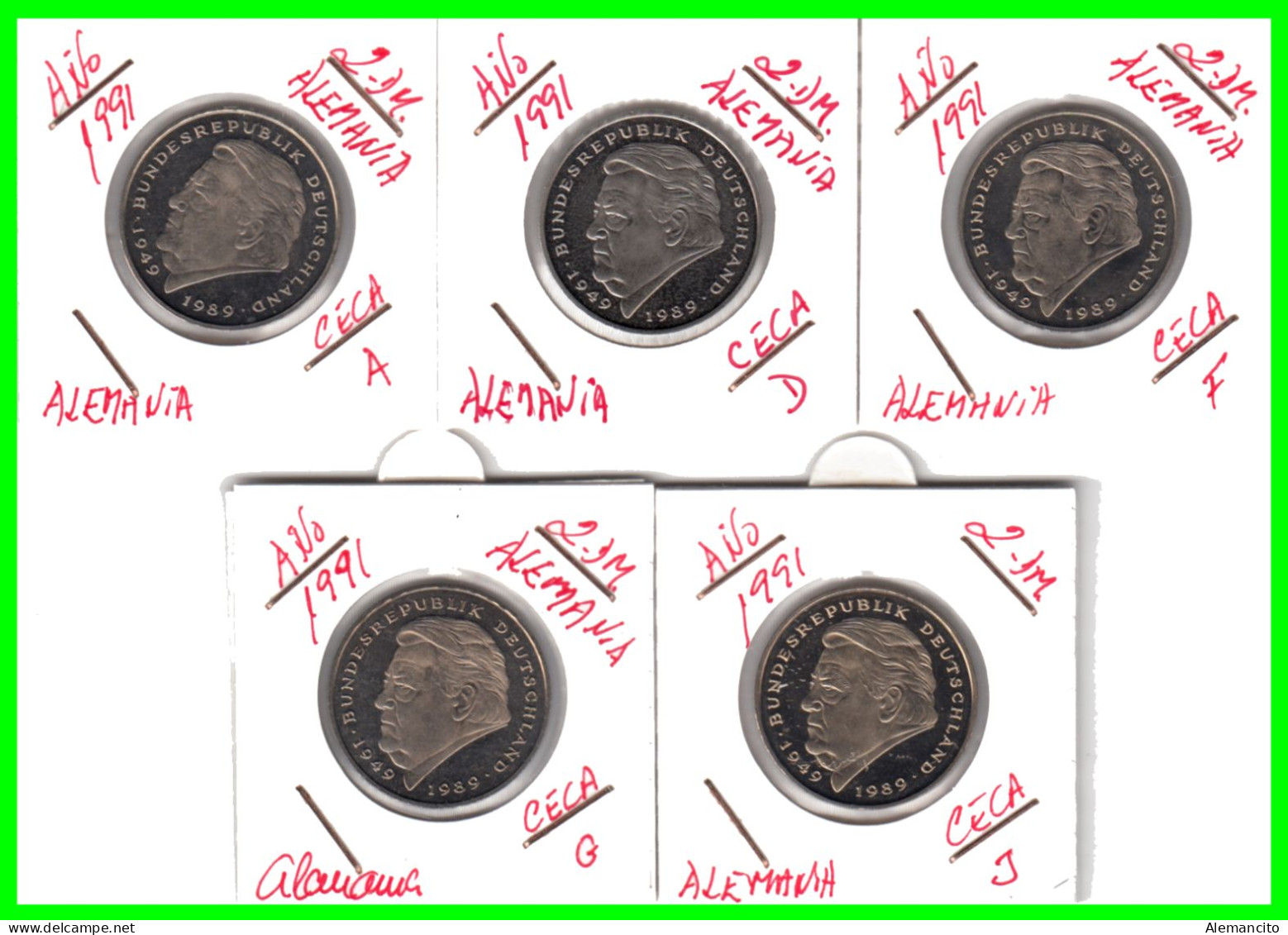 ALEMANIA  SERIE 5 MONEDAS DE 2.00 DM AÑO 1991 CECAS - A - D - F - G - J . DE FRANZ JOSEPH STRAUSS - SIN CIRCULAR PROOF - 2 Mark