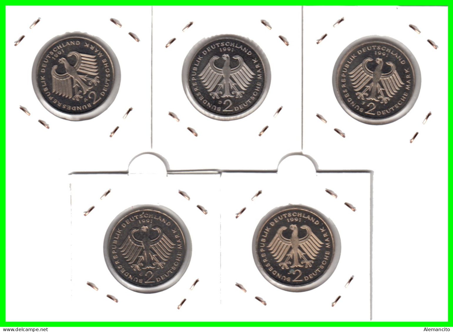 ALEMANIA  SERIE 5 MONEDAS DE 2.00 DM AÑO 1991 CECAS - A - D - F - G - J . DE FRANZ JOSEPH STRAUSS - SIN CIRCULAR PROOF - 2 Mark