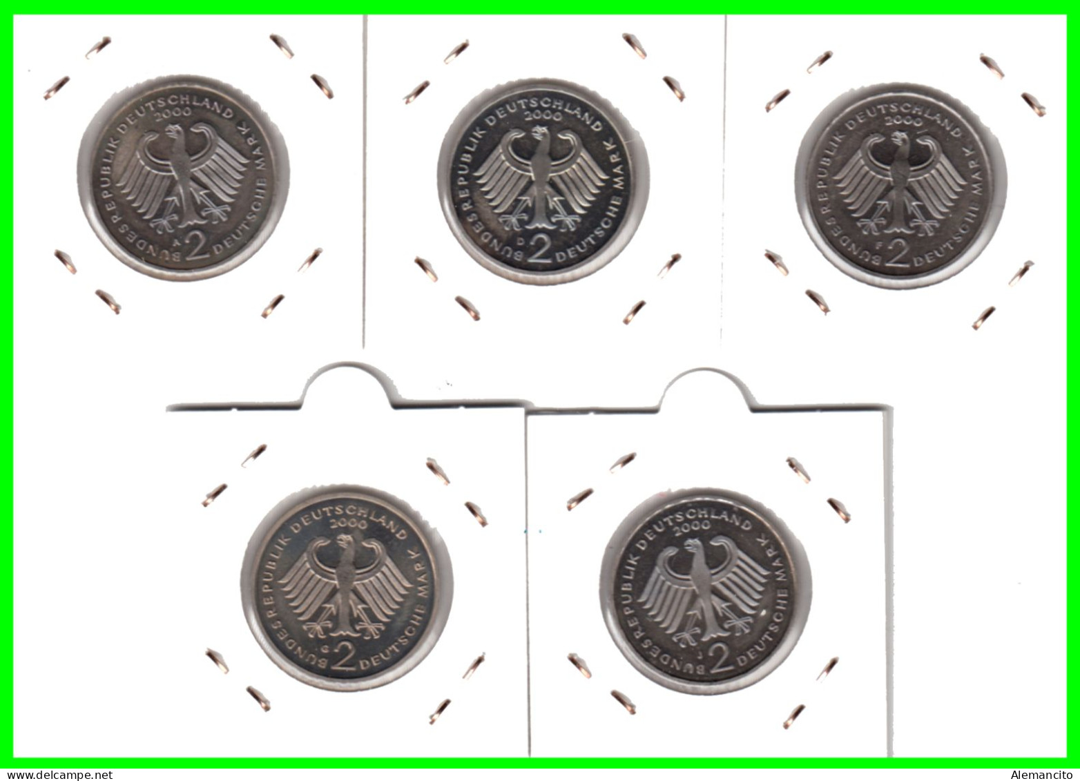 ALEMANIA  SERIE 5 MONEDAS DE 2.00 DM AÑO 2000 - CECAS - A - D - F - G - J . DE FRANZ JOSEPH STRAUSS - SIN CIRCULAR PROOF - 2 Marcos