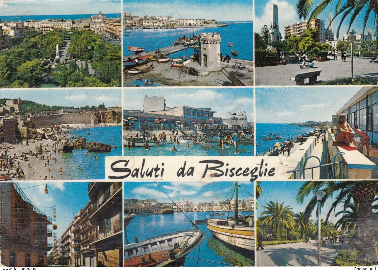 CARTOLINA  BISCEGLIE,BARLETTA,PUGLIA-SALUTI DA BISCEGLIE-MARE,SOLE,ESTATE,VACANZA,SPIAGGIA,BARCHE A VELA,VIAGGIATA 1974 - Barletta