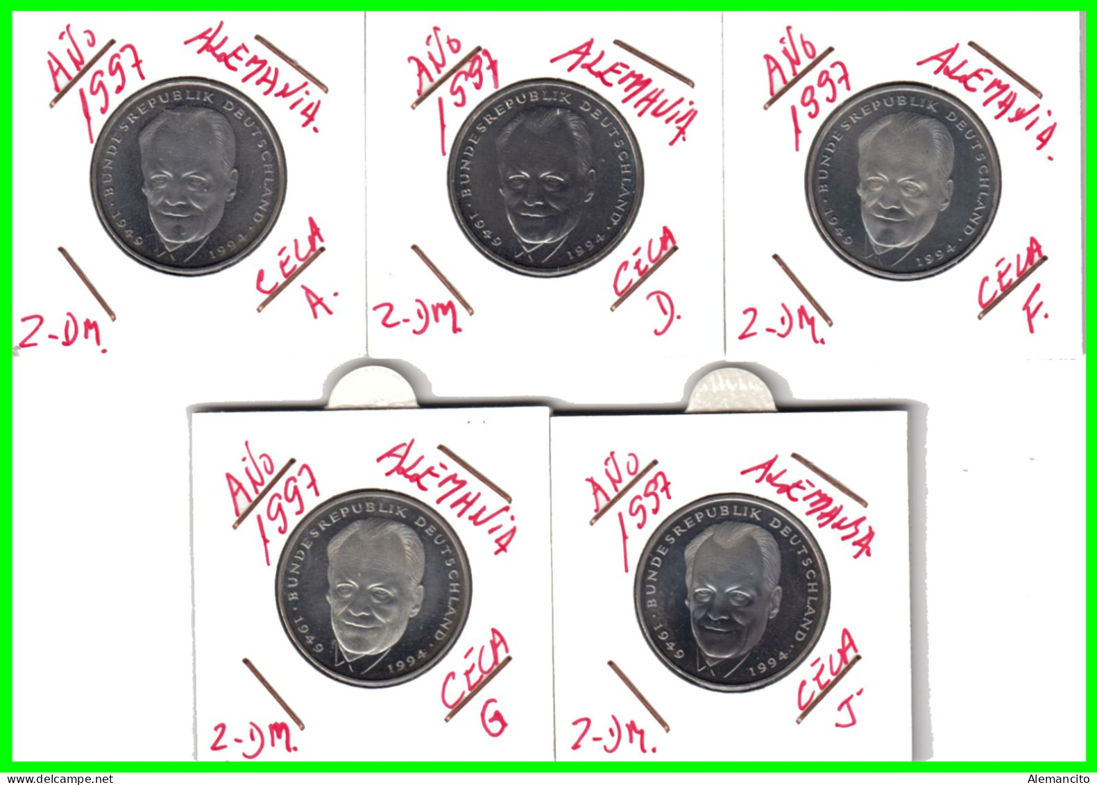 ALEMANIA  SERIE 5 MONEDAS DE 2.00 DM AÑO 1997 - CECAS - A - D - F - G - J . DE - WILLY BRANDT - SIN CIRCULAR PROOF - 2 Mark