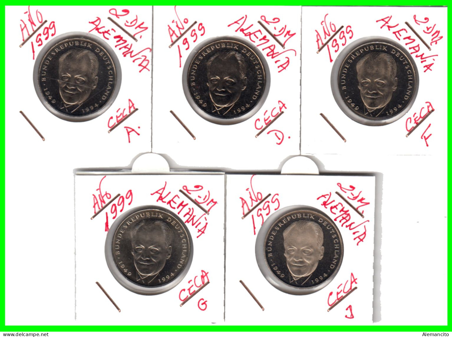 ALEMANIA  SERIE 5 MONEDAS DE 2.00 DM AÑO 1999 - CECAS - A - D - F - G - J . DE - WILLY BRANDT - SIN CIRCULAR PROOF - 2 Marchi