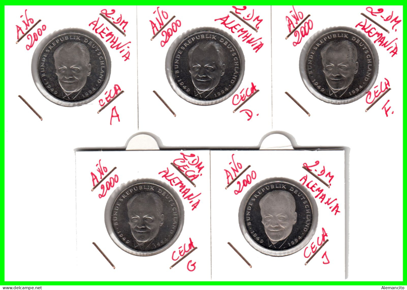 ALEMANIA  SERIE 5 MONEDAS DE 2.00 DM AÑO 2000 - CECAS - A - D - F - G - J . DE - WILLY BRANDT - SIN CIRCULAR PROOF - 2 Marchi