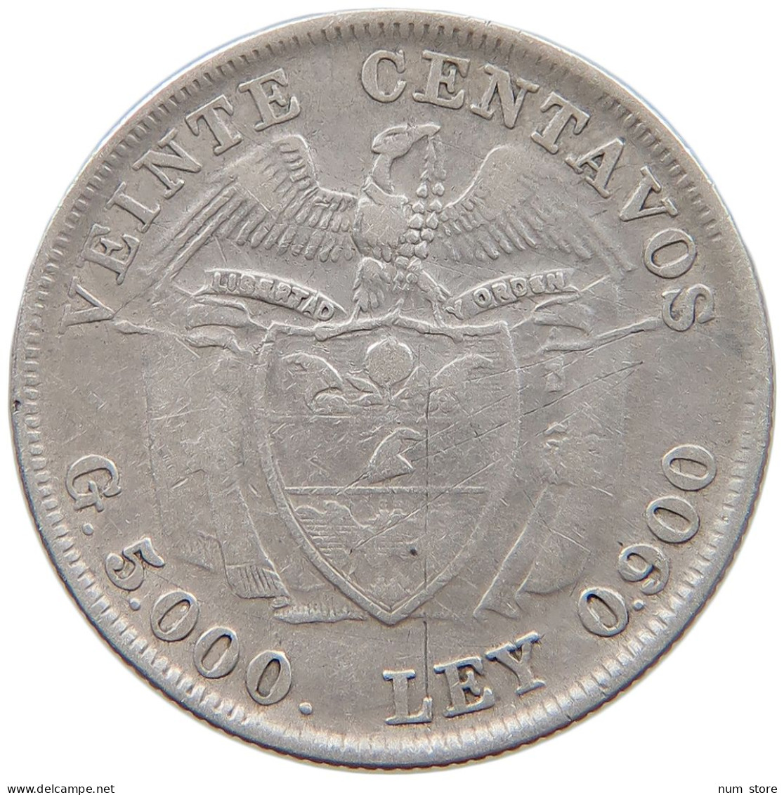 COLOMBIA 20 CENTAVOS 1933 DOUBLE STRUCK DATE #t133 0215 - Colombia