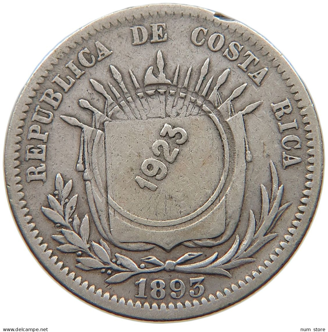 COSTA RICA 50 CENTIMOS 1923 COSTA RICA 50 CENTIMOS 1923 COUNTERSTAMP ON 25 CENTIMOS 1893 #t107 0285 - Costa Rica