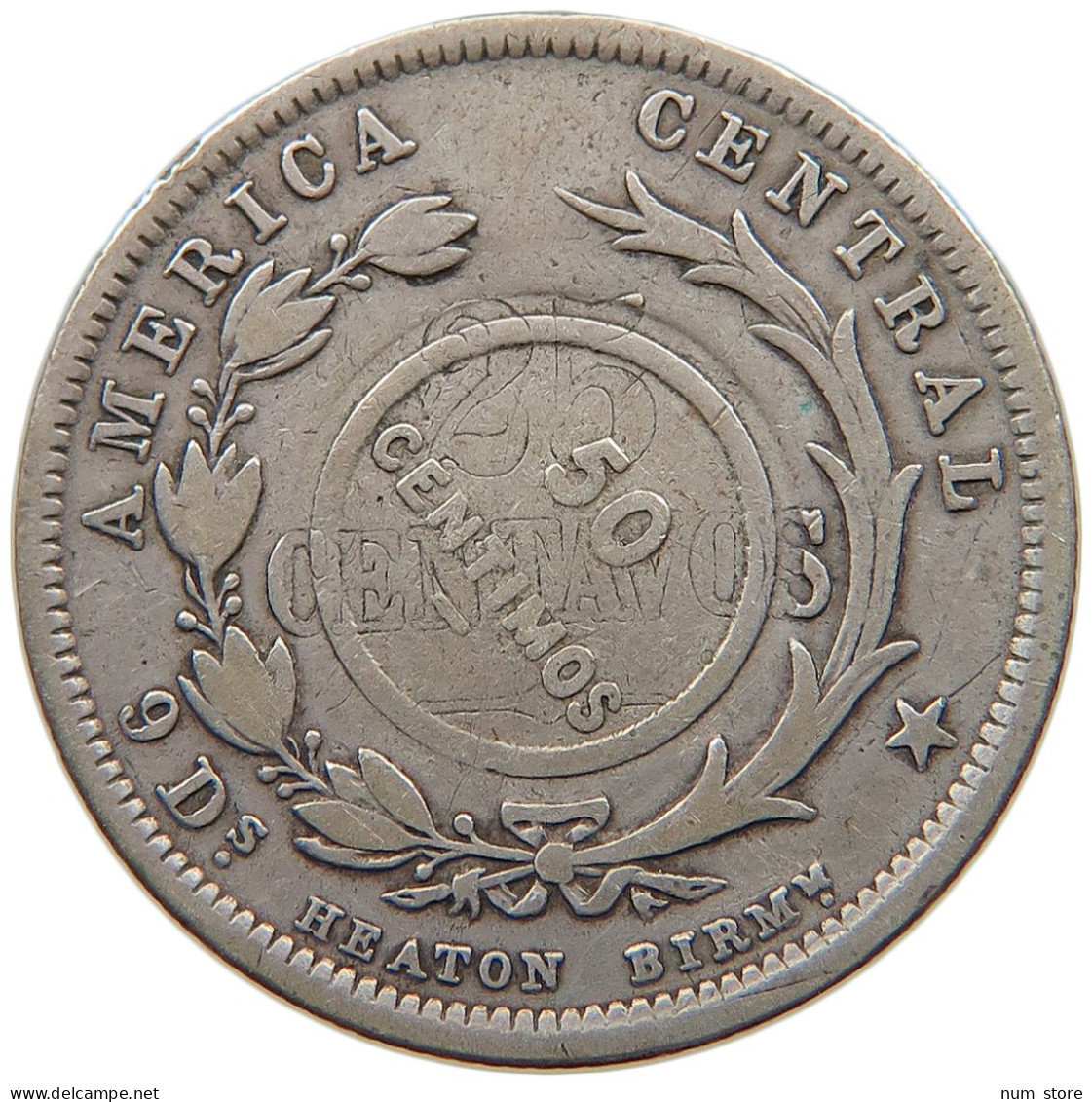 COSTA RICA 50 CENTIMOS 1923 COSTA RICA 50 CENTIMOS 1923 COUNTERSTAMP ON 25 CENTIMOS 1893 #t107 0285 - Costa Rica