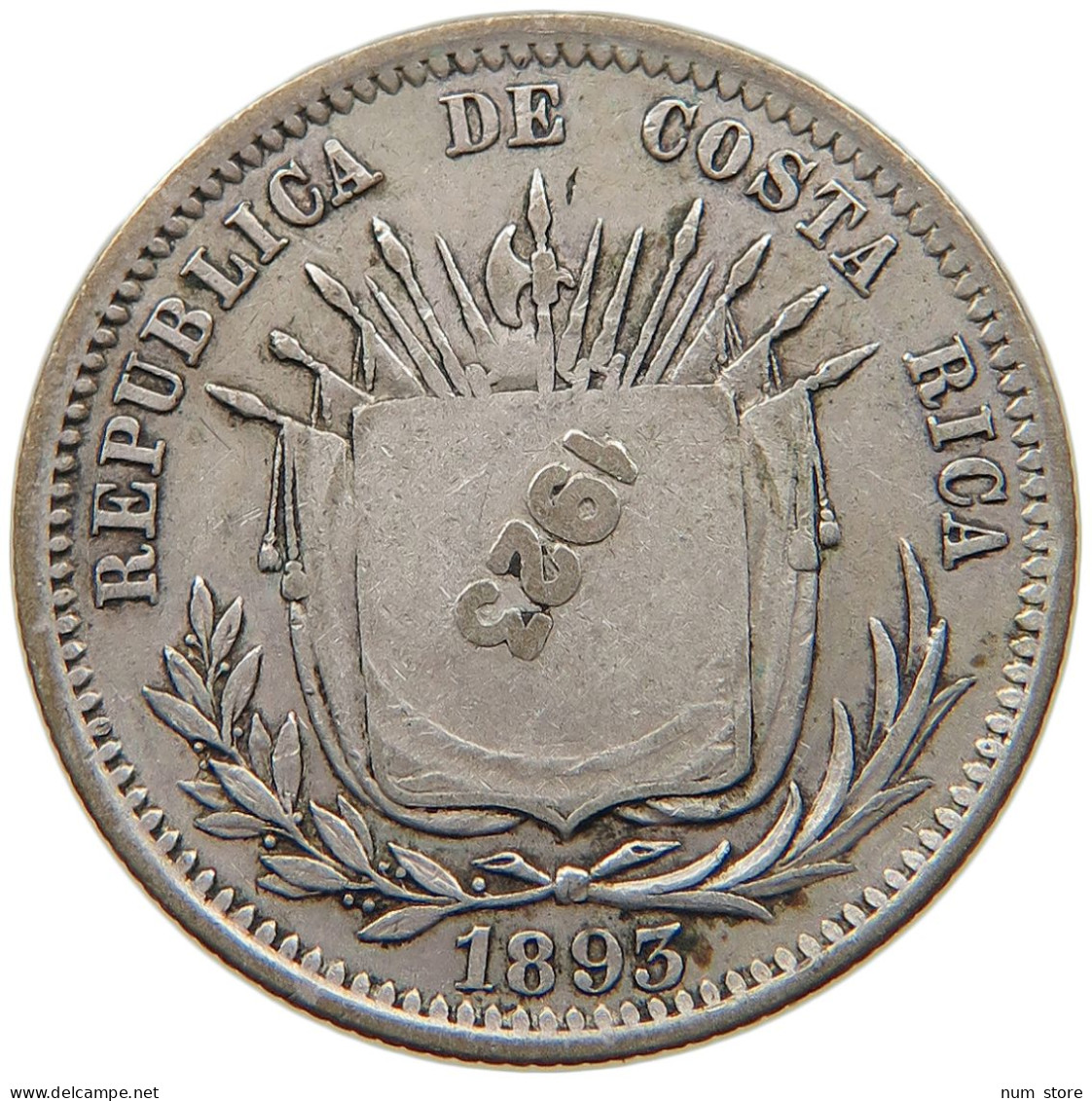 COSTA RICA 50 CENTIMOS 1923 COSTA RICA 50 CENTIMOS 1923 COUNTERSTAMP ON 25 CENTIMOS 1893 #t107 0287 - Costa Rica