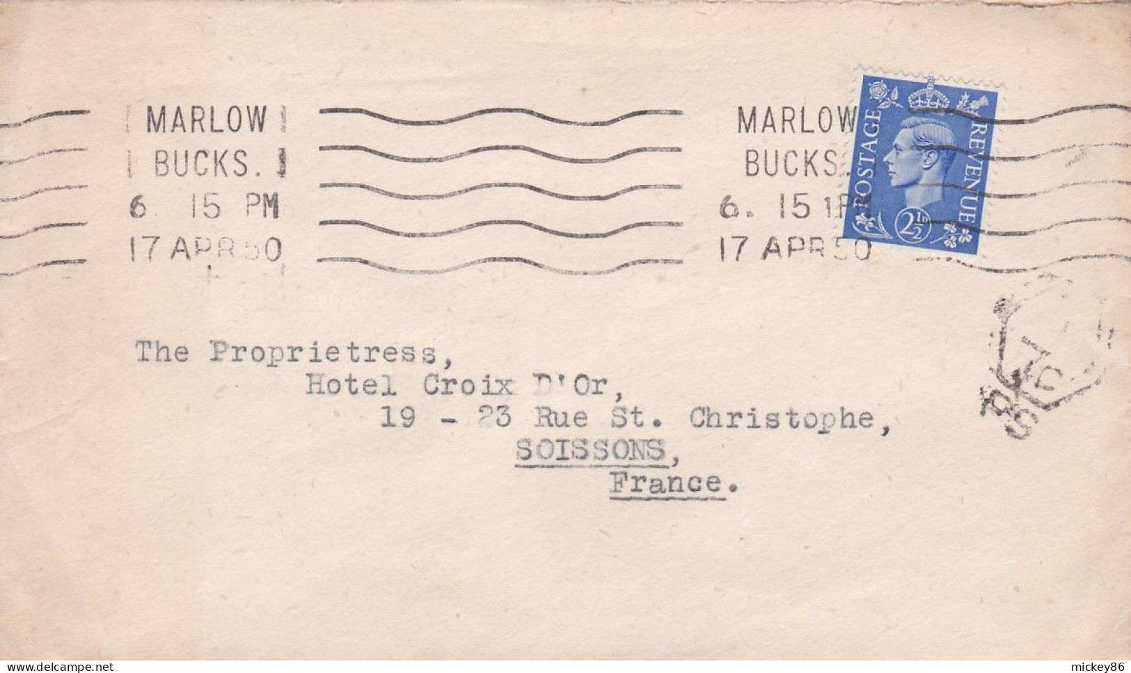 G-B- 1950--- Lettre MARLOW BUCKS  Pour Soissons-02 (France)-timbres ,cachet  Date  17- 4 -1950-- - Storia Postale