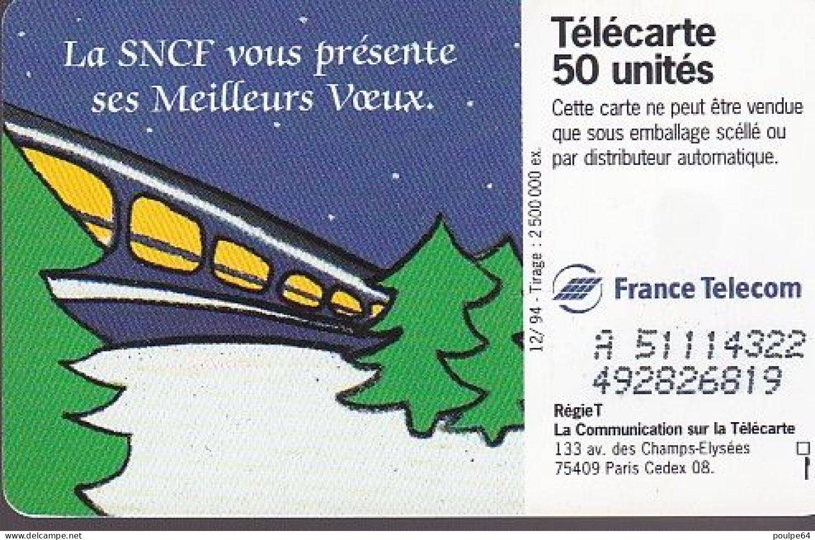 F535B - 12/1994 - SNCF " Père Noël " - 50 SC7 (verso : N° A+8 Chiffres Droits - Deux Lignes) - 1994