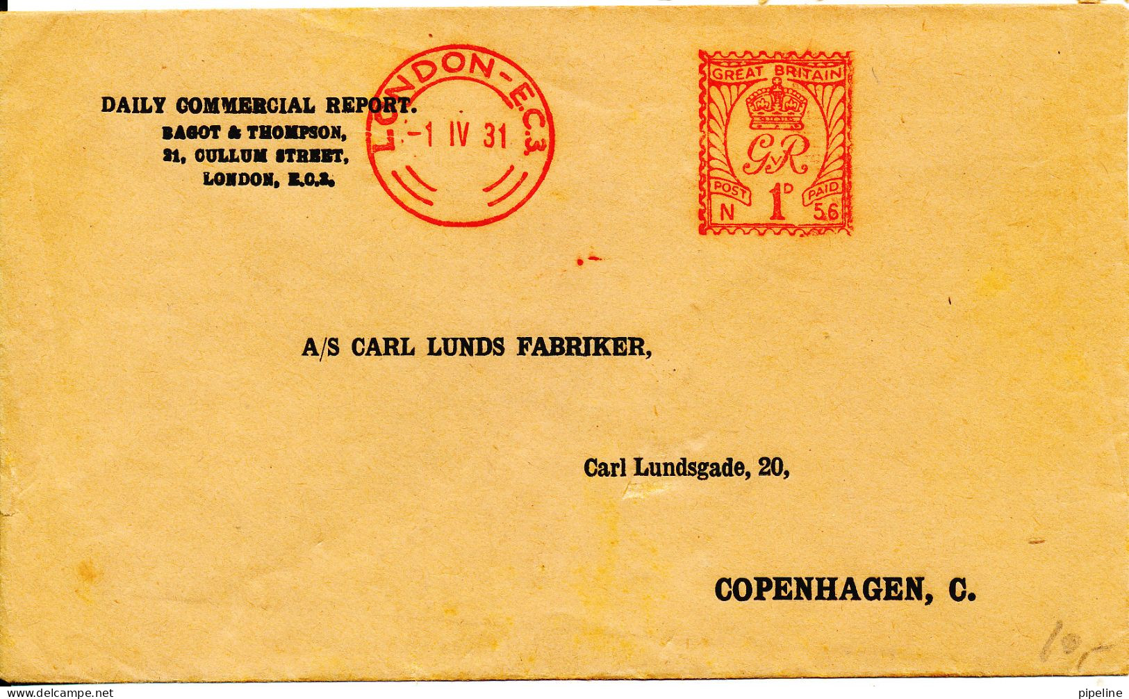 Great Britain Cover With Red Meter Cancel London 2-4-1931 Sent To Denmark - Cartas & Documentos