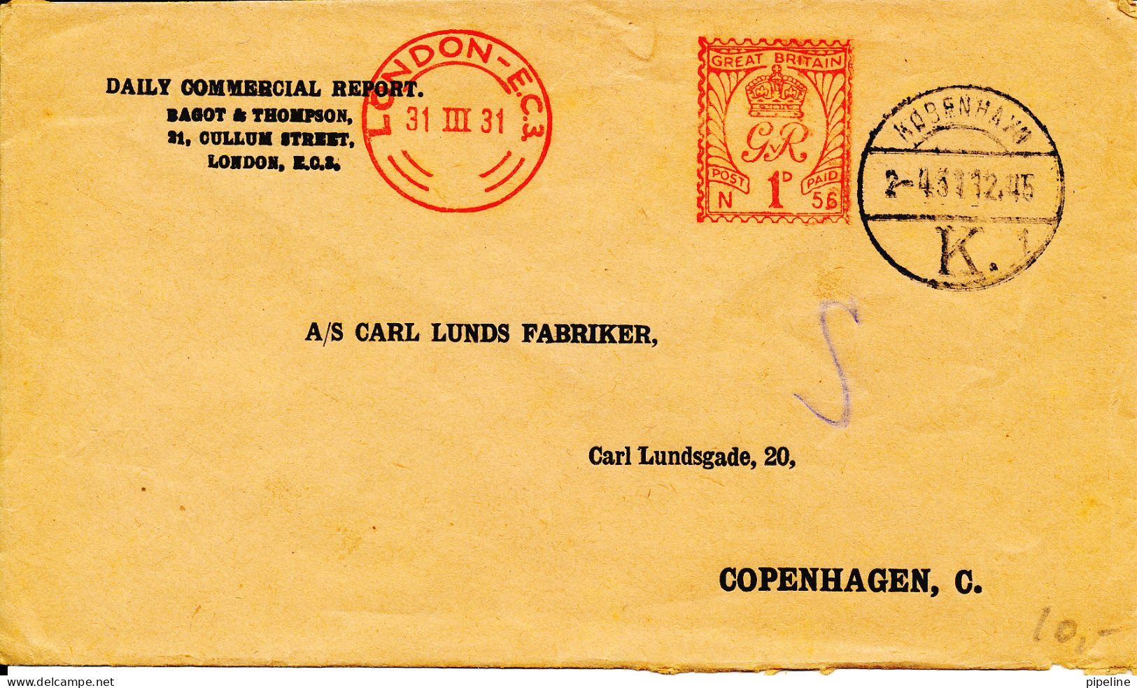 Great Britain Cover With Red Meter Cancel London 31-3-1931 Sent To Denmark - Cartas & Documentos