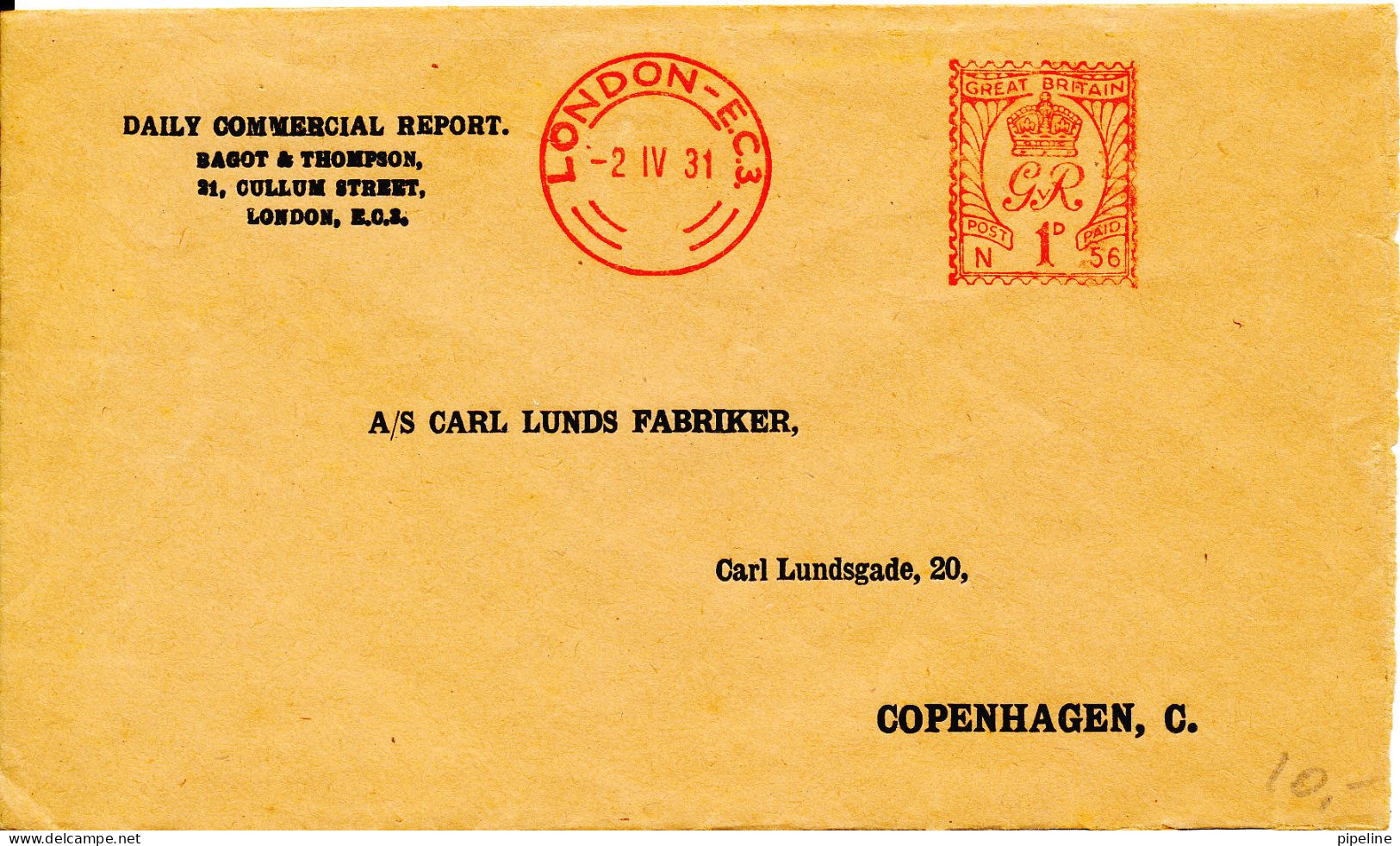 Great Britain Cover With Red Meter Cancel London 2-4-1931 Sent To Denmark - Brieven En Documenten