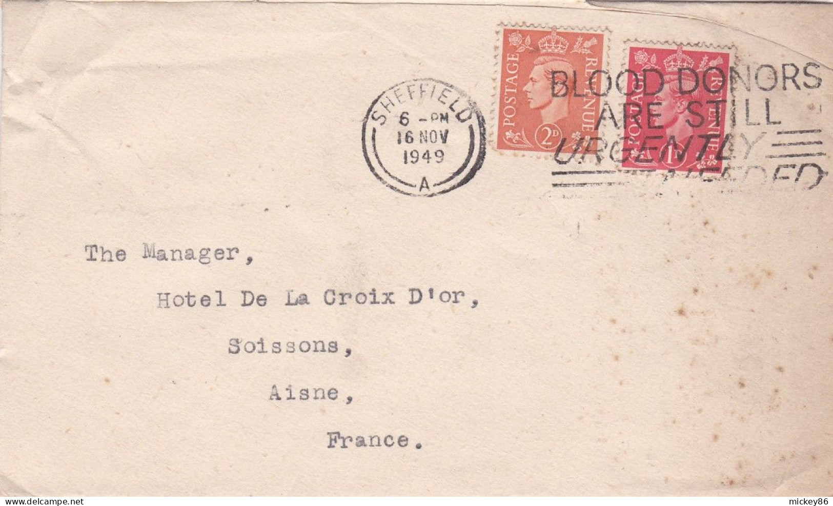 G-B- 1949--- Lettre SHEFFIELD  Pour Soissons-02 (France)-timbres ,cachet  Date  16- NOV -1949-- - Lettres & Documents