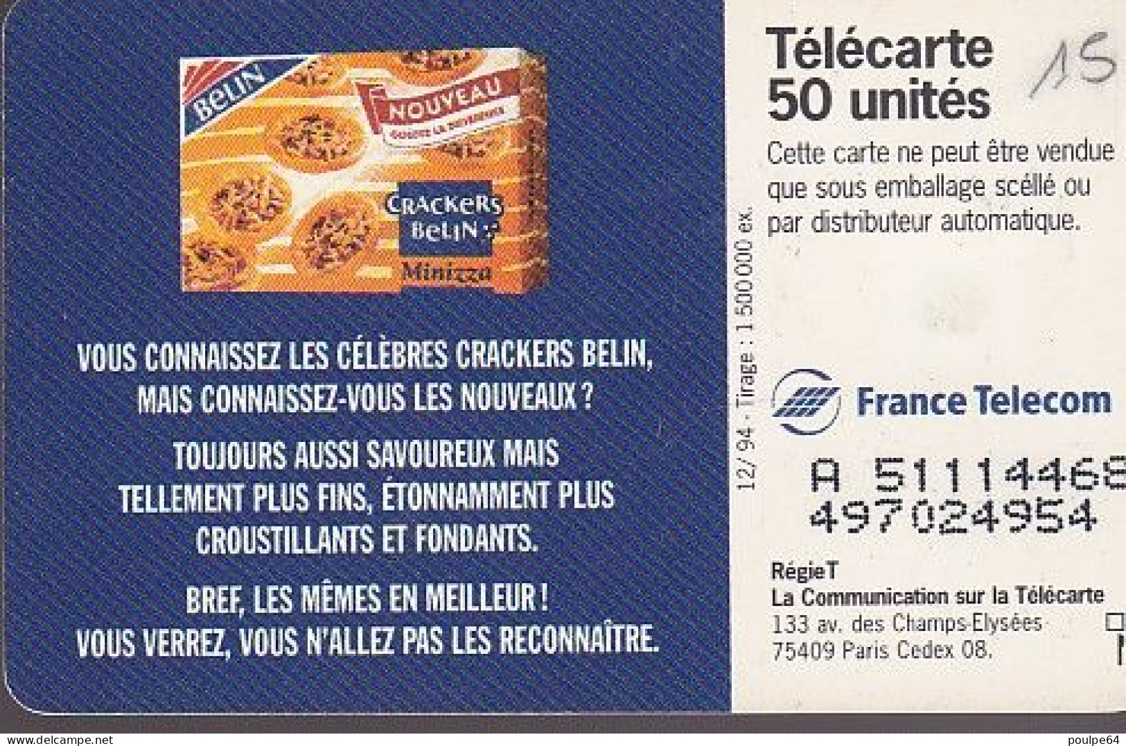 F536A - 12/1994 - CRACKERS BELIN - 50 SO5 (verso : N° Droits) - 1994