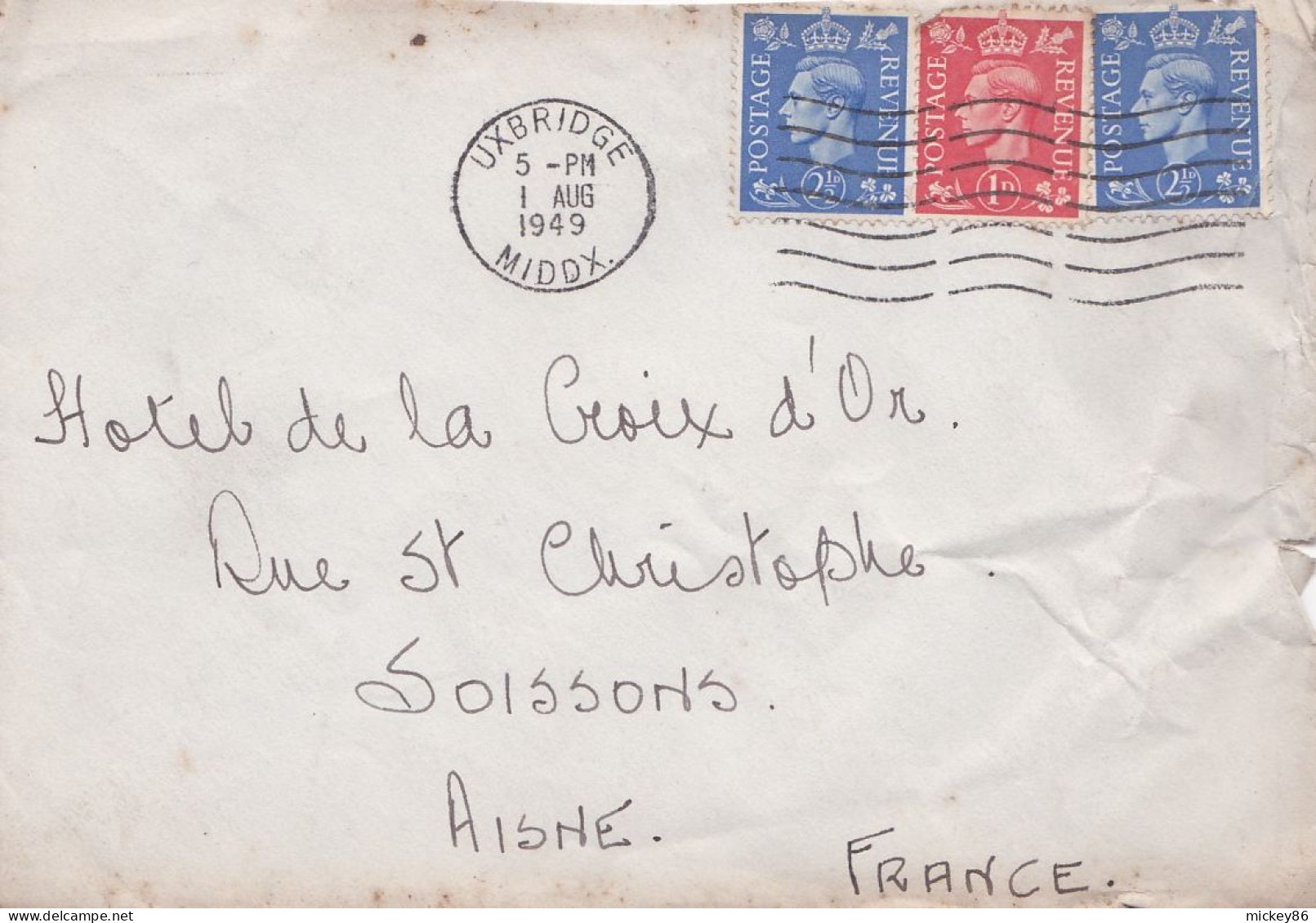 G-B- 1949--- Lettre UXBRIDGE  Pour Soissons-02 (France)-timbres ,cachet  Date  1- AUG -1949-- - Covers & Documents