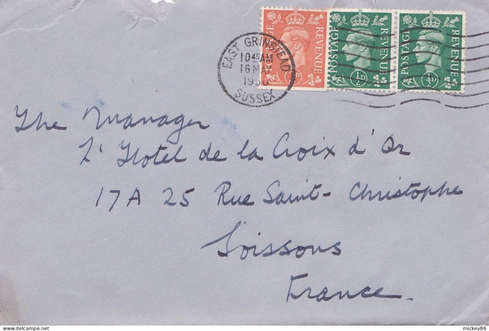 G-B- 1950--- Lettre EAST GRINSTEAD  Pour Soissons-02 (France)-timbres ,cachet  Date  16- MAY -1950-- - Covers & Documents