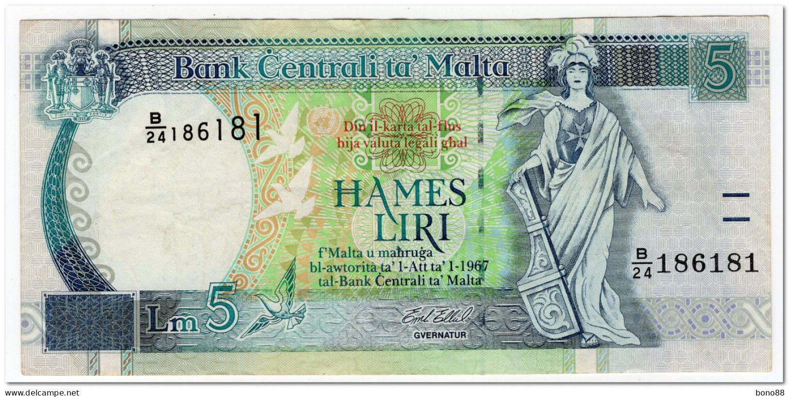 MALTA,5 LIRI,1994,P.46b,VF - Malta