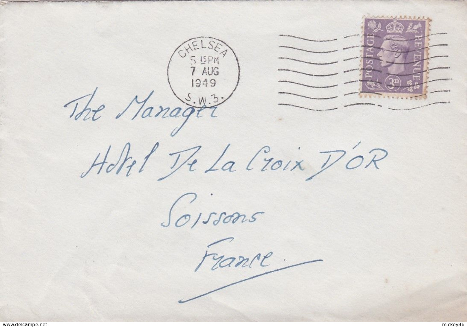 G-B- 1949--- Lettre  CHELSEA  Pour Soissons-02 (France)-timbres ,cachet  Date  7- AUG -1949-- - Covers & Documents