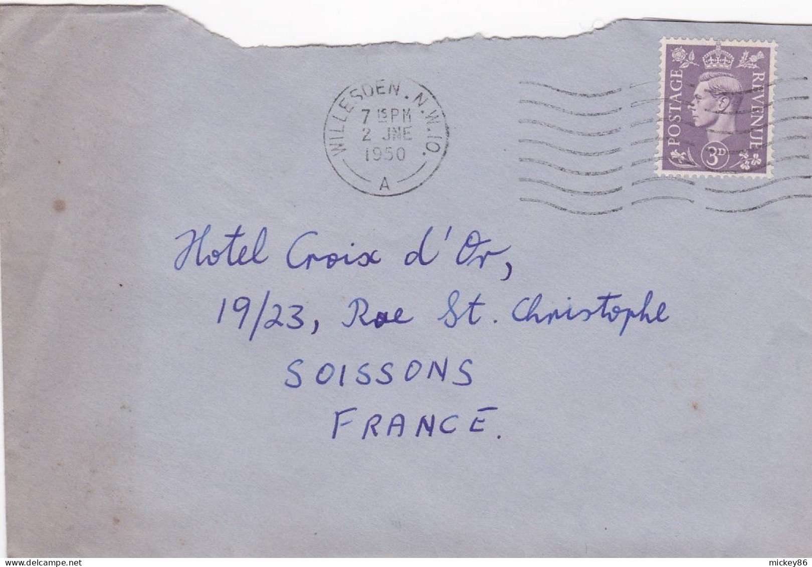 G-B- 1950--- Lettre  WILLESDEN  Pour Soissons-02 (France)-timbres ,cachet  Date  2- JNE -1950-- - Cartas & Documentos