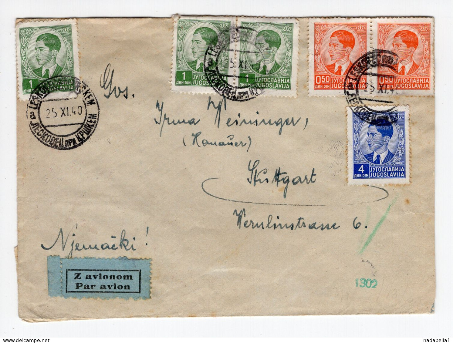 1940. KINGDOM OF YUGOSLAVIA,SLOVENIA,LESKOVEC PRI KRŠKEM,AIRMAIL COVER TO GERMANY,CENSOR - Posta Aerea