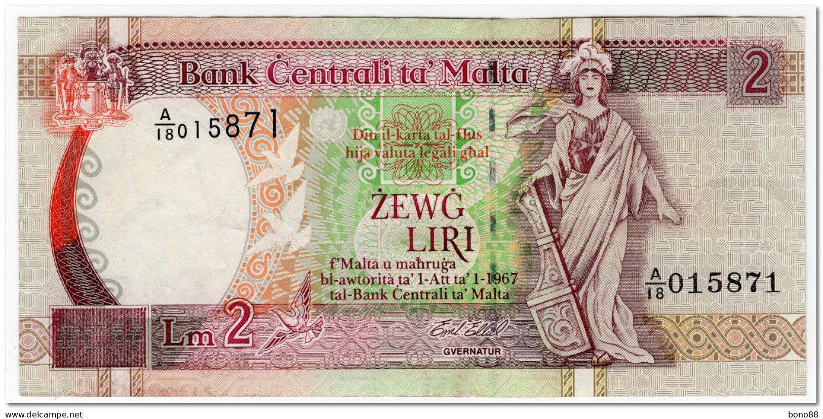 MALTA,2 LIRI,1994,P.45c,VF+ - Malta