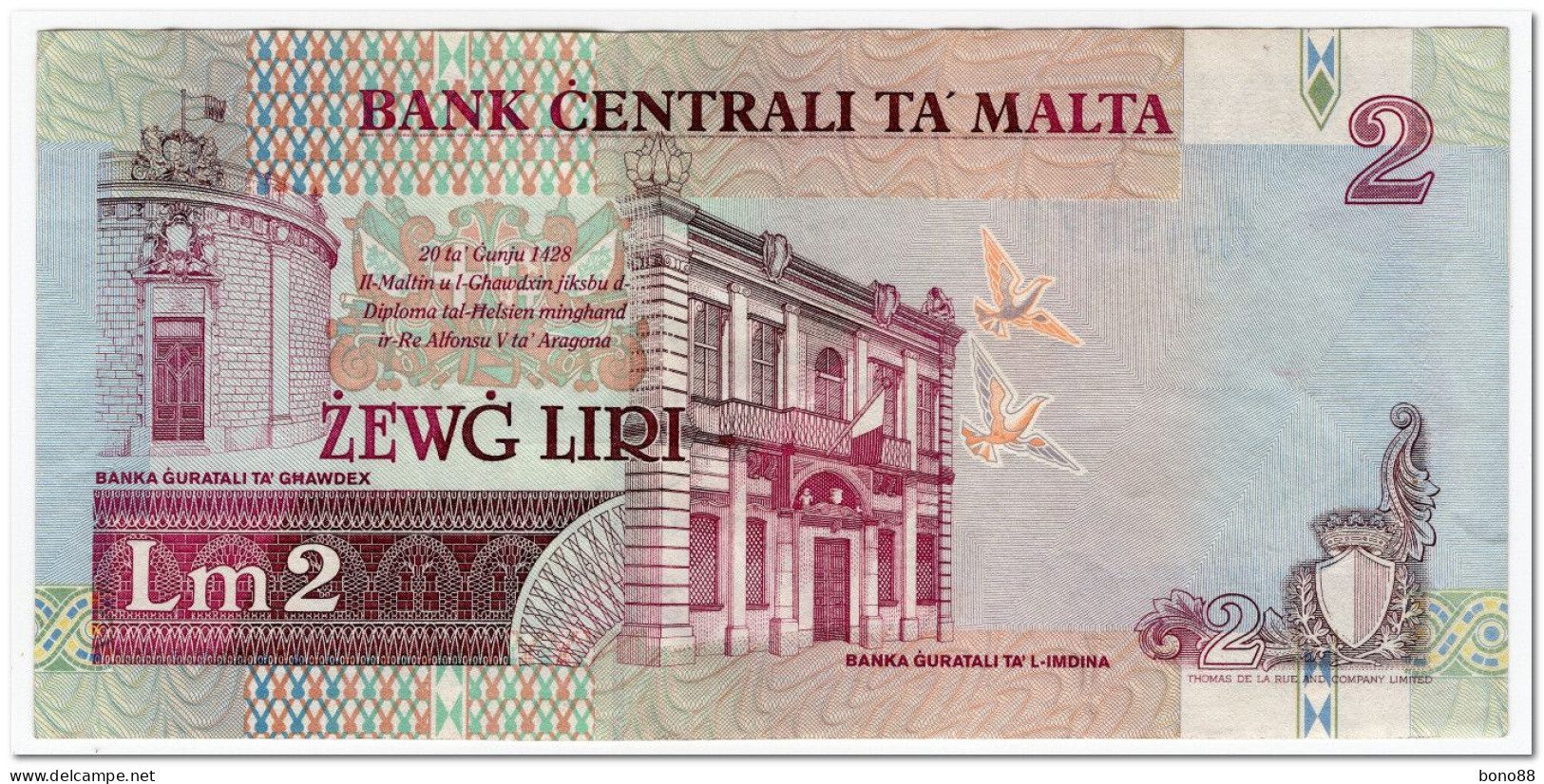 MALTA,2 LIRI,1994,P.45c,VF+ - Malta