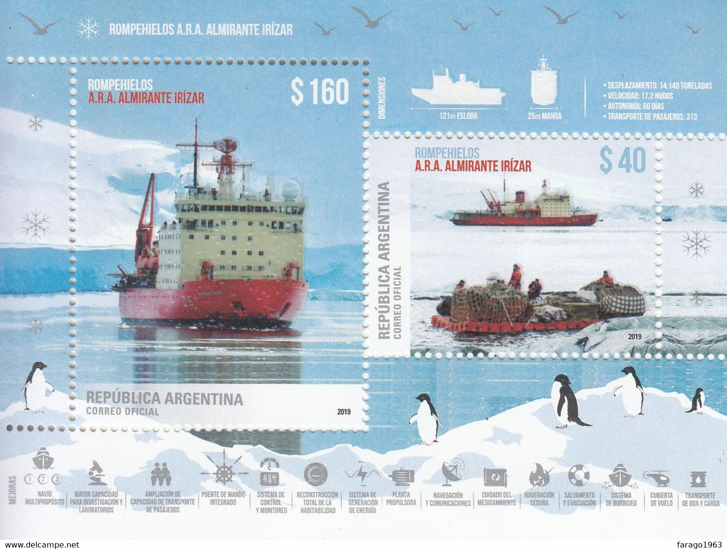 2019 Argentina Irizar Ship  Antarctica Penguins EMBOSSED Souvenir Sheet MNH - Neufs