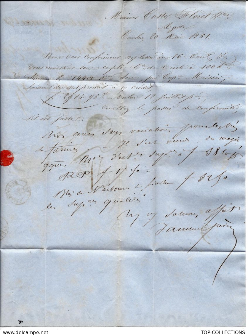 1851 LETTRE Par Fauchier Négociant à Toulon  NAVIGATION EXPEDITION  Pour Coste Floret à Agde - 1800 – 1899