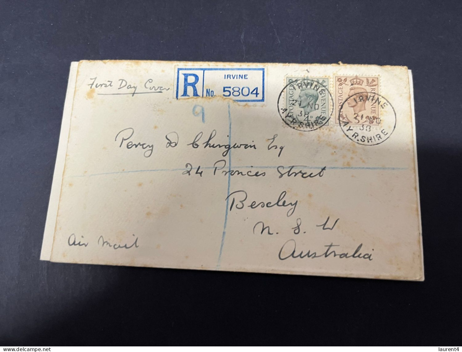 7-11-2023 (1 V 34) UK (registered) Letter Posted To Australia (1938) (condition As Seen On Scan) - Covers & Documents