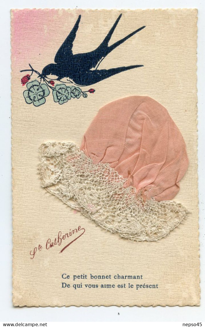 Fantaisie.Bonnet St Catherine Soie Rose Et Dentelle Blanche,Hirondelle Porte-bonheur - Sainte-Catherine