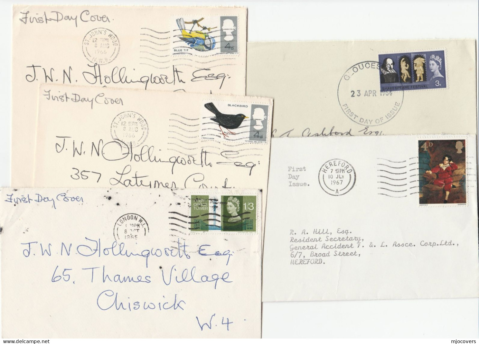 5 Diff 1960s FDC Various Stamps GB Birds Art Shakespeare Post Office Tower Cover - 1952-1971 Em. Prédécimales