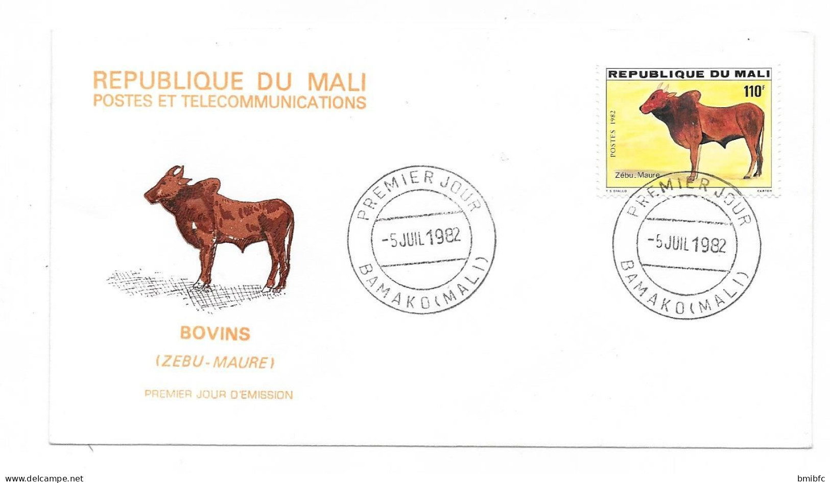 RÉPUBLIQUE DU MALI - PREMIER JOUR 5 JUIL 1982 BAMAKO BOVINS  -Lot De 5 Enveloppes) - Koeien