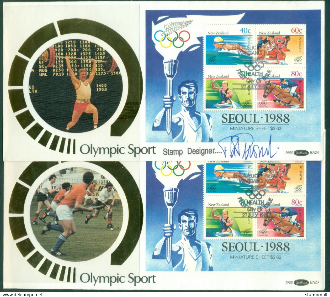 New Zealand 1988 Summer Olympics Seoul MS 2xFDC 1 Designer Signed - FDC