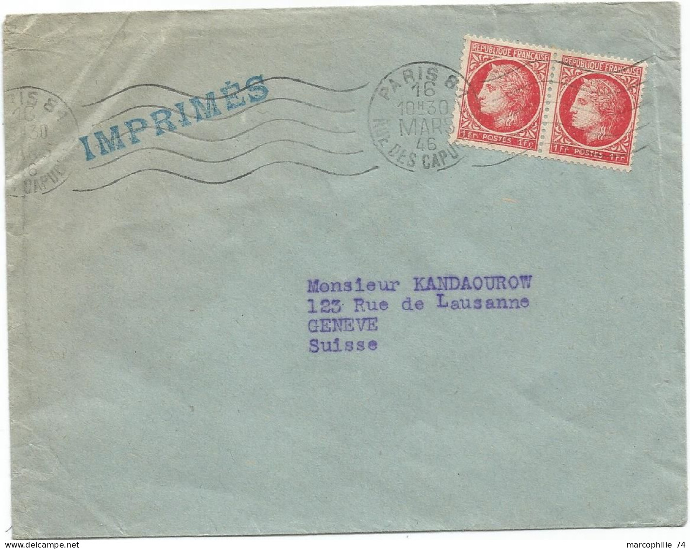 MAZELIN 1FR PAIRE LETTRE PARIS 81 16 MARS 1946  POUR SUISSE AU TARIF IMPRIME - 1945-47 Ceres Of Mazelin