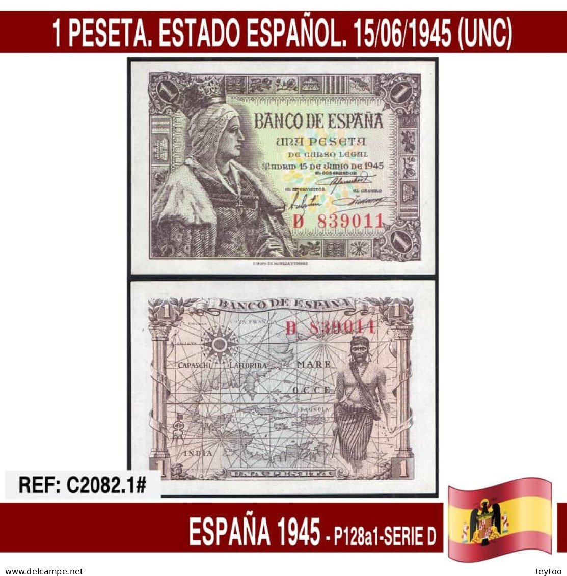 C2082.1# España 1945. 1 Pts. Estado Español (UNC) P-128a.1 - 1-2 Pesetas