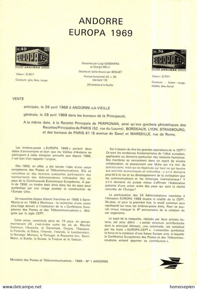 Andorre Français - Andorra Document 1969 Y&T N°DP194 à 195 - Michel N°PD214 à 215 ***- EUROPA - Format A4 - Type 1 (PTT) - Covers & Documents