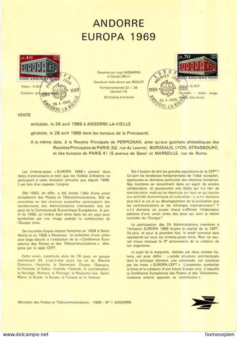 Andorre Français - Andorra Document 1969 Y&T N°DP194 à 195 - Michel N°PD214 à 215 (o) - EUROPA - Format A4 - Type 1(PTT) - Storia Postale