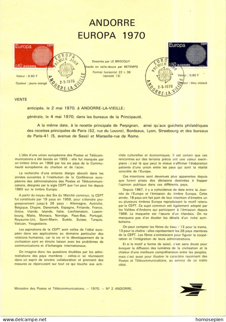 Andorre Français - Andorra Document 1970 Y&T N°DP202 à 203 - Michel N°PD222 à 223 (o) - EUROPA - Format A4 - Type 1(PTT) - Storia Postale