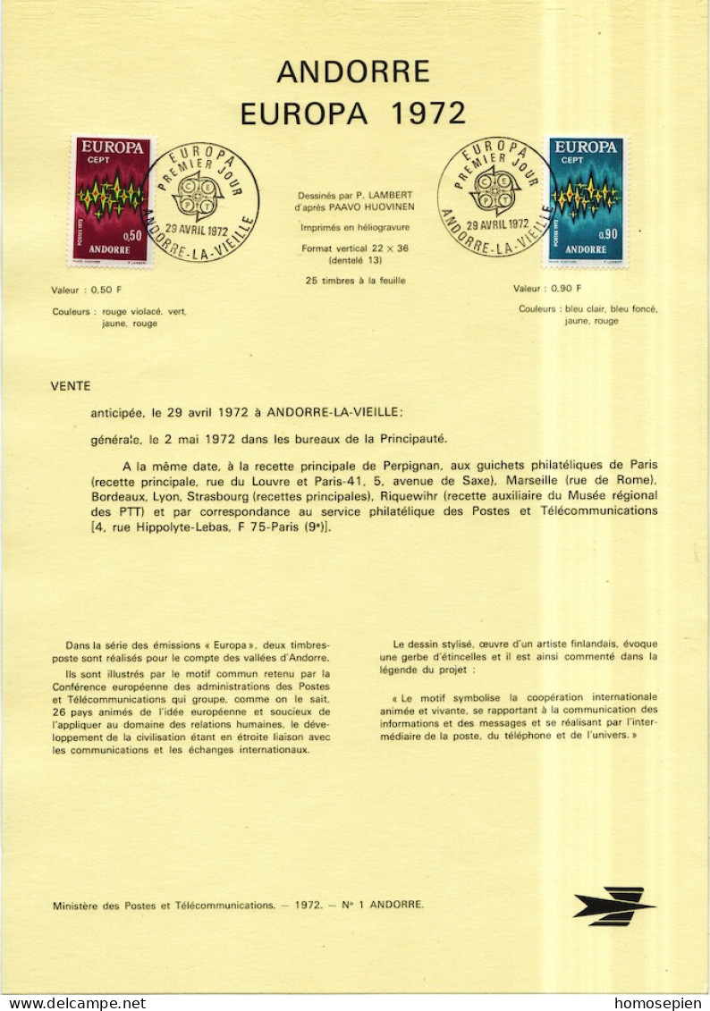 Andorre Français - Andorra Document 1972 Y&T N°DP217 à 218 - Michel N°PD238 à 239 (o) - EUROPA - Format A4 - Type 1(PTT) - Cartas & Documentos