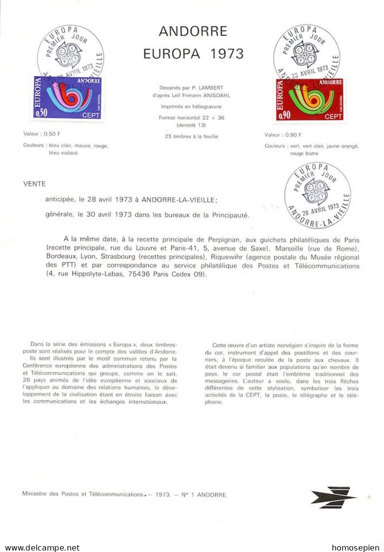 Andorre Français - Andorra Document 1973 Y&T N°DP226 à 227 - Michel N°PD247 à 248 (o) - EUROPA - Format A4 - Type 1(PTT) - Storia Postale