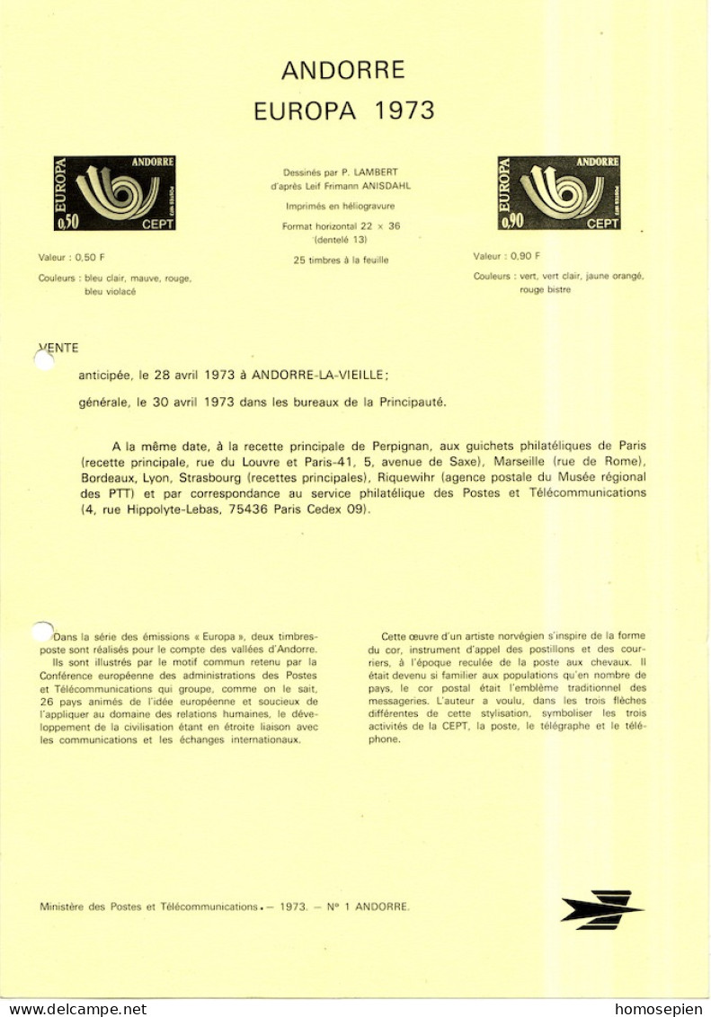 Andorre Français - Andorra Document 1973 Y&T N°DP226 à 227 - Michel N°PD247 à 248 *** - EUROPA - Format A4 - Type 1(PTT) - Lettres & Documents