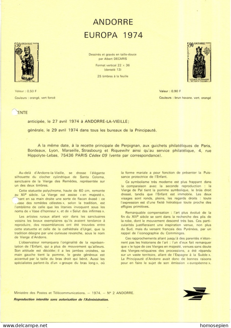 Andorre Français - Andorra Document 1974 Y&T N°DP237 à238 - Michel N°PD258 à 259 ***- EUROPA - Format A4 - Type 1 (PTT) - Covers & Documents