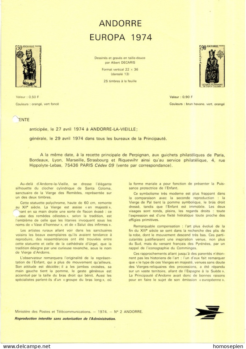 Europa CEPT 1974 Andorre Français - Andorra Y&T N°DP237 à238 - Michel N°PD258 à 259 ***- Format A4 - Type 1 (PTT) - 1974