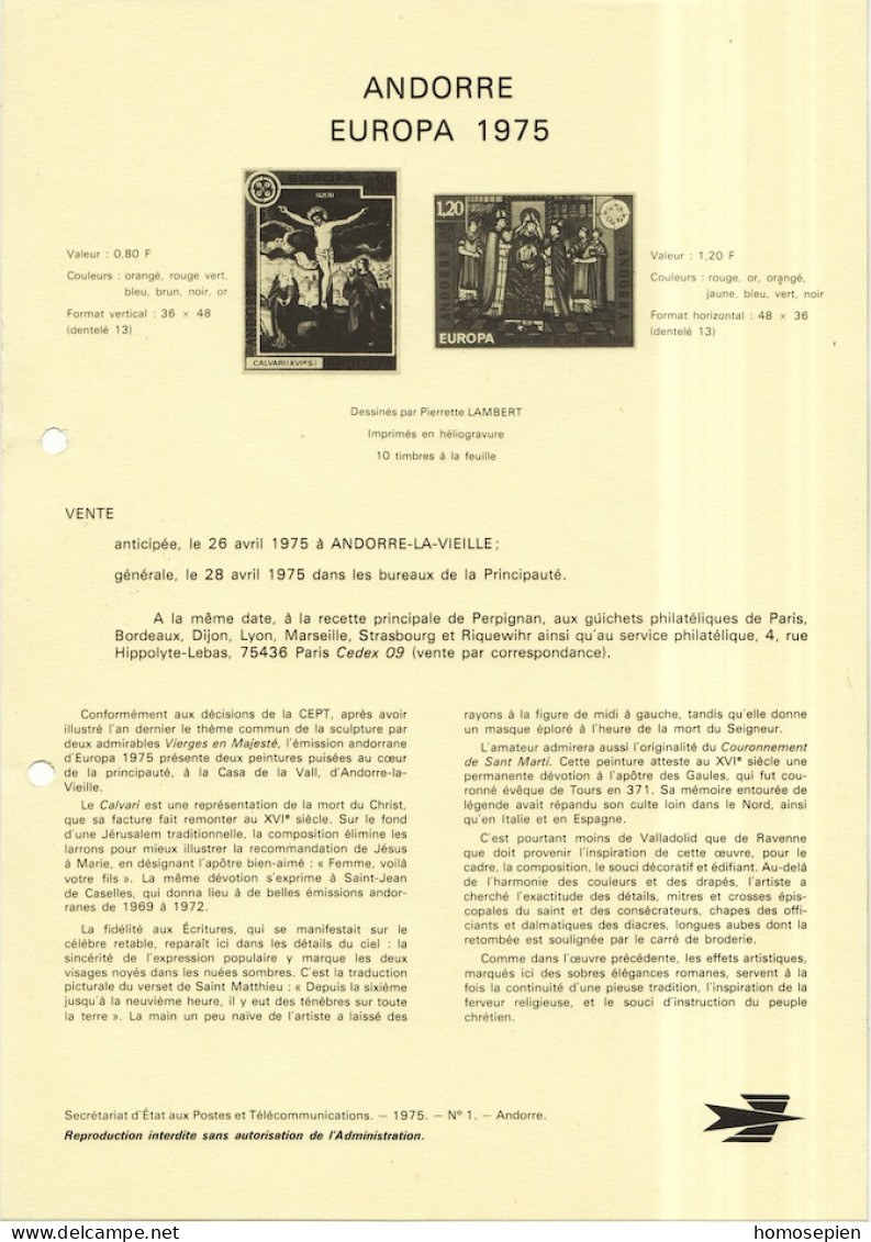 Andorre Français - Andorra Document 1975 Y&T N°DP243 à 244 - Michel N°PD264 à 265 ***- EUROPA - Format A4 - Type 1 (PTT) - Covers & Documents