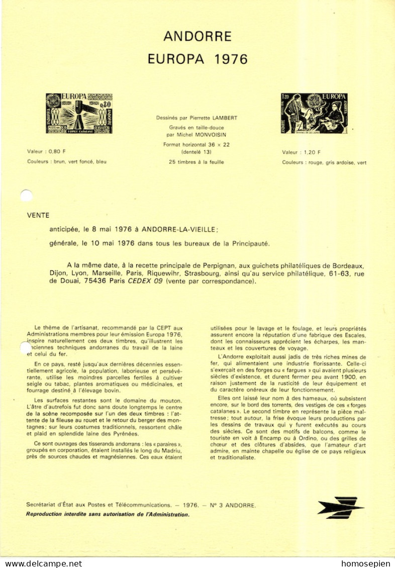 Andorre Français - Andorra Document 1976 Y&T N°DP253 à 254 - Michel N°PD274 à 275 ***- EUROPA - Format A4 - Type 1 (PTT) - Lettres & Documents