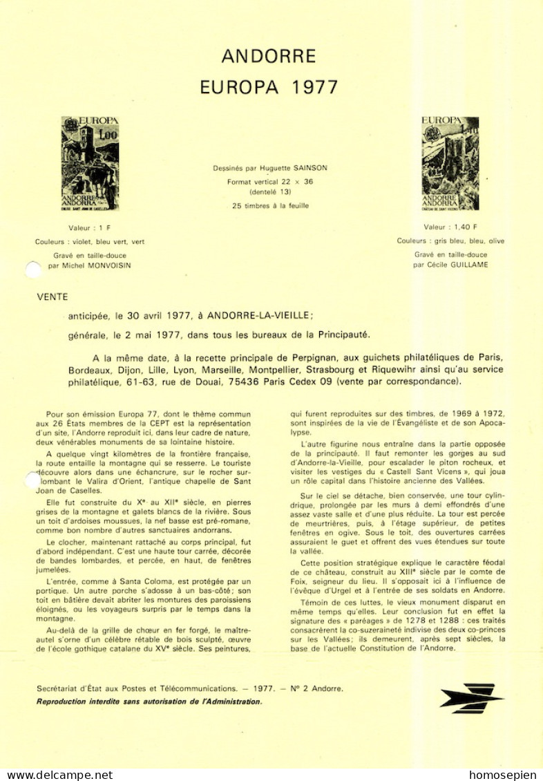 Andorre Français - Andorra Document 1977 Y&T N°DP261 à 262 - Michel N°PD282 à 283 ***- EUROPA - Format A4 - Type 1 (PTT) - Covers & Documents