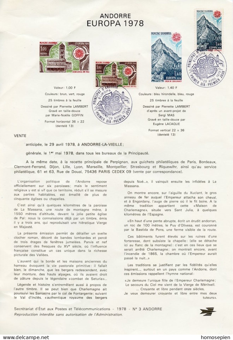Andorre Français - Andorra Document 1978 Y&T N°DP269 à 270 - Michel N°PD290 à 291 (o) - EUROPA - Format A4 - Type 1(PTT) - Brieven En Documenten